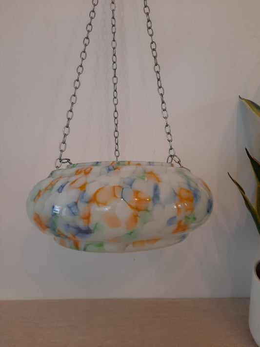 Rare Art Deco Mottled Glass Flycatcher Plaffonier Light Shade Hooks chain multi