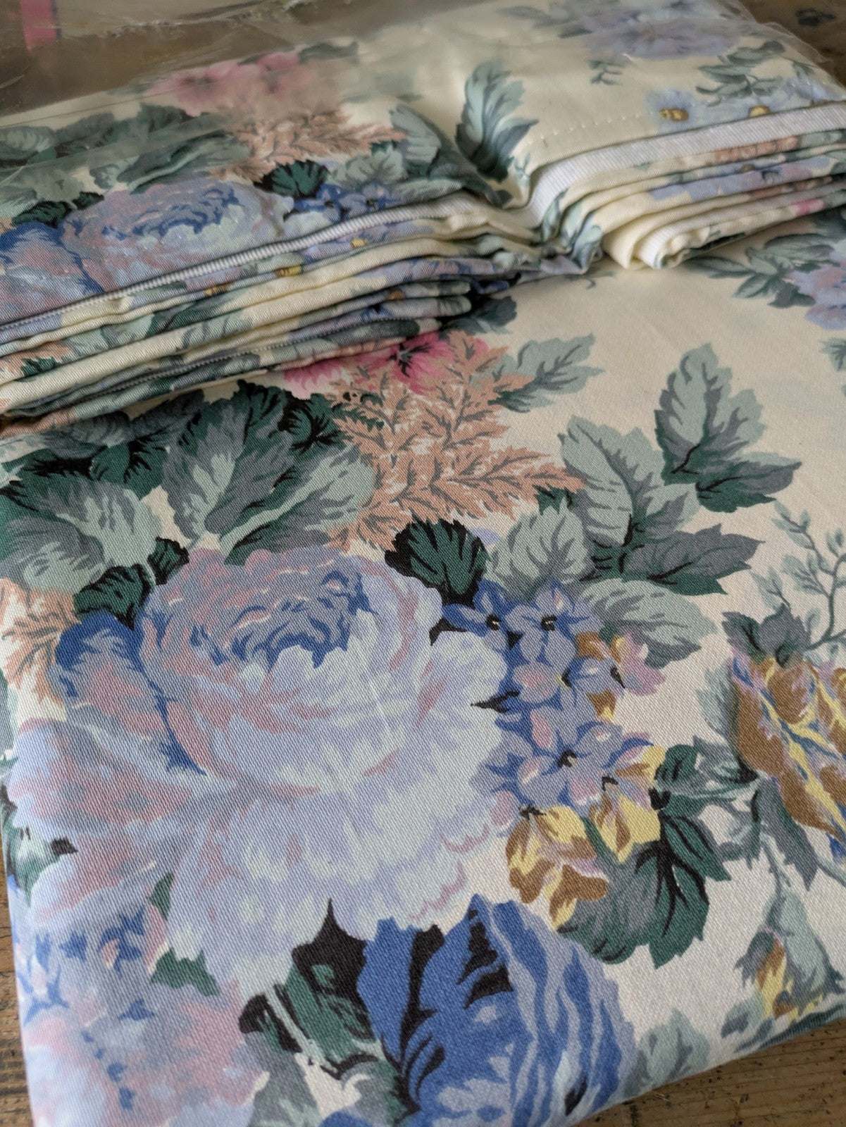 Vintage BNWT Chatsworth Curtains BLUE Cabbage Rose 90"W 54"D Pair Floral Shabby