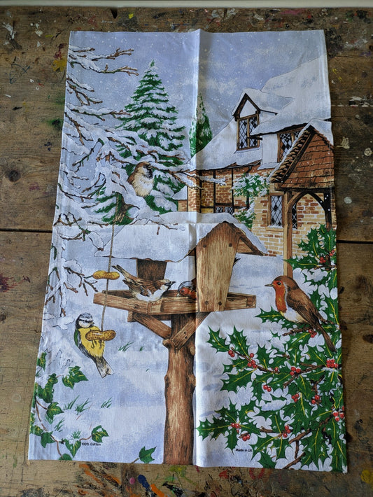 ROBINS Xmas Snow Home VTG Christmas Tea Towel Cotton Birds Prop Bird Feeder Vgc