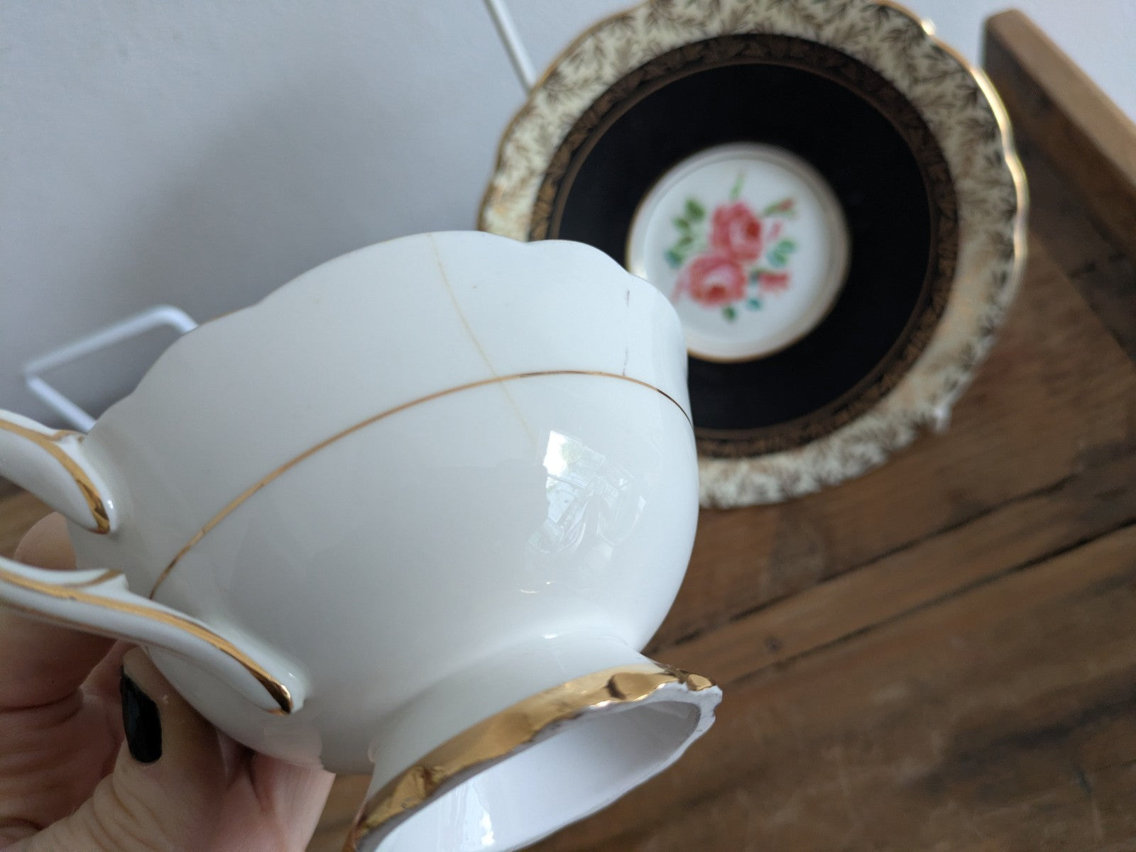 Pair Duos Vintage Royal Stafford Pink Black Gilt Cabbage Rose Cup and Saucer x2