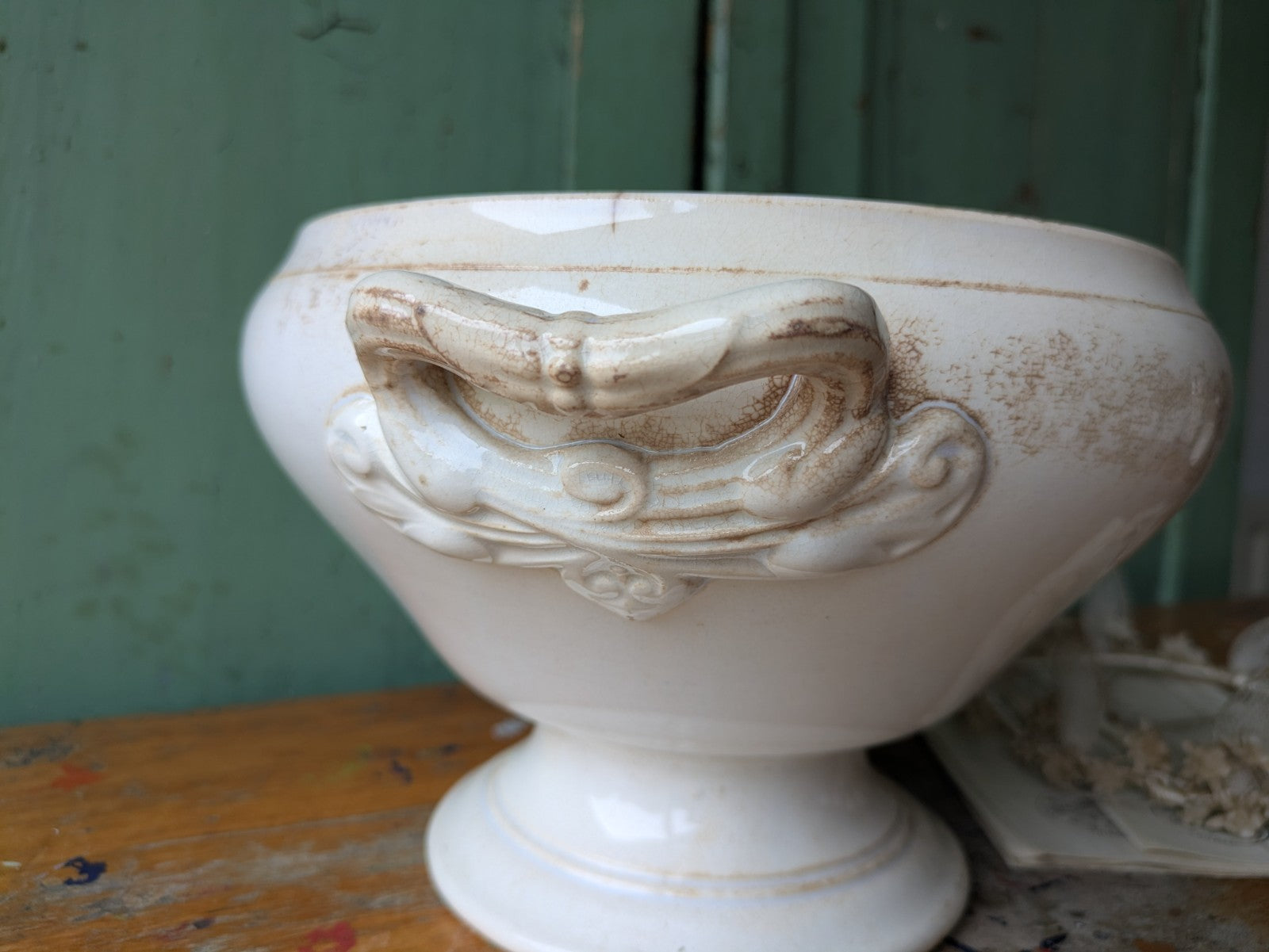 Antique French Faience Soup Tureen/ Soupiere Opaque De Sarreguemines Crazed Rare