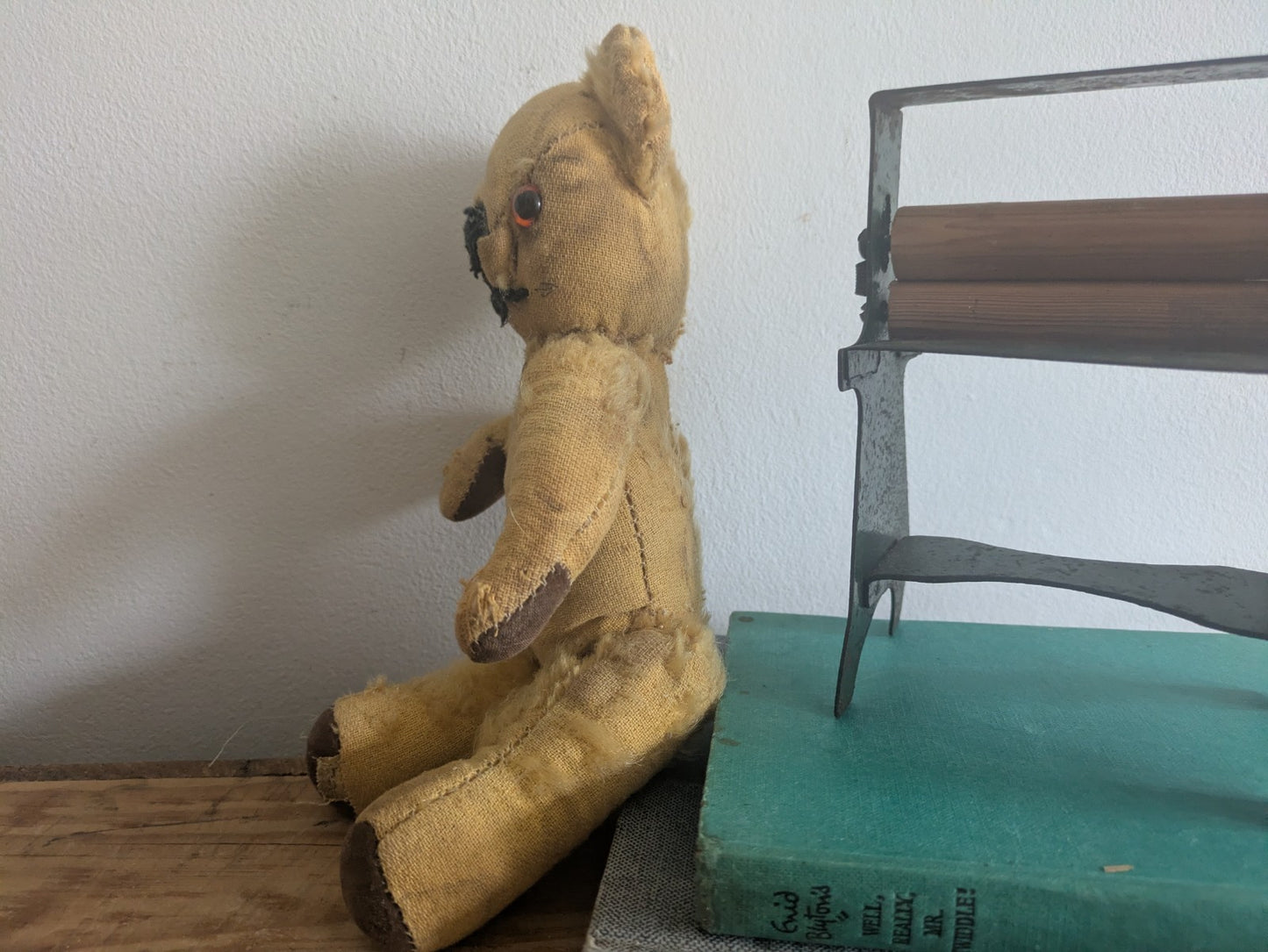 Antique Small Jointed Old Mohair Teddy Bear straw stuffed vintage RARE worn toy!