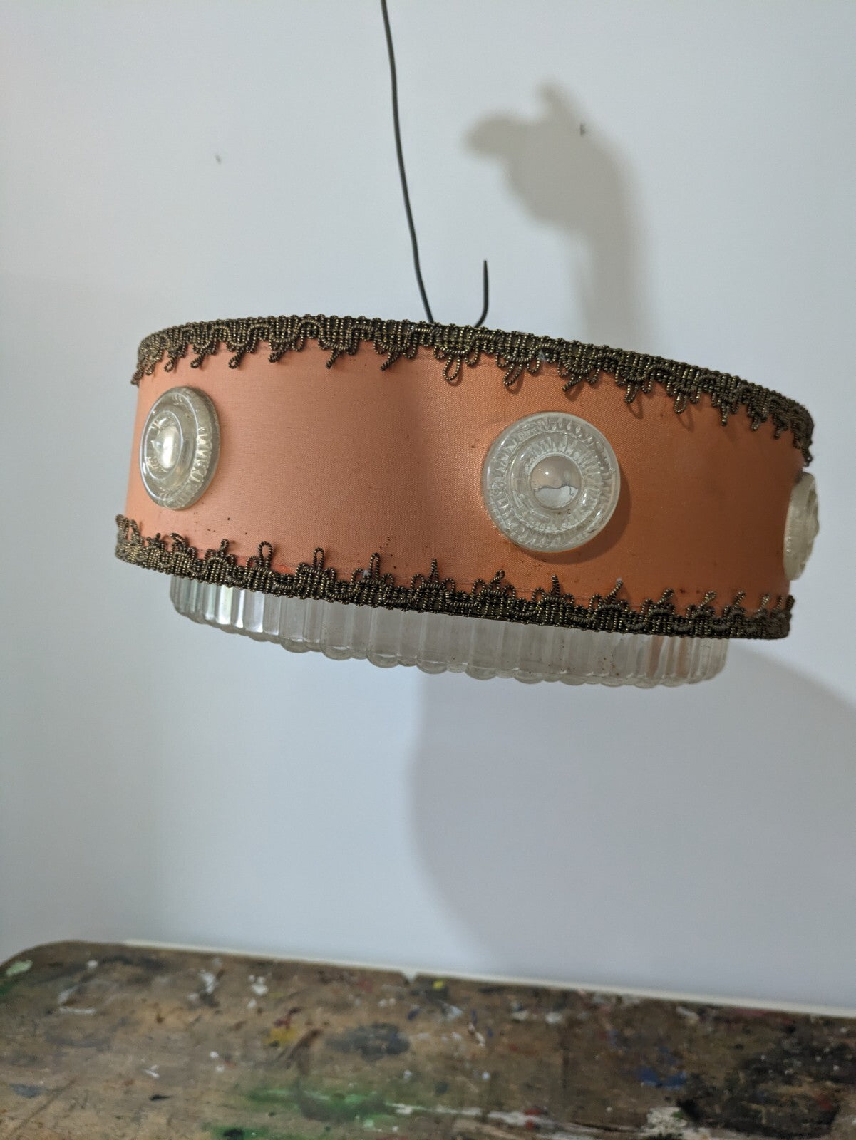 MID CENTURY 60S VTG RETRO FABRIC KNOBBLY PLASTIC SCANDI CEILING LIGHT LAMP SHADE