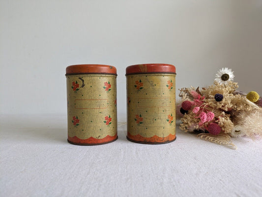 2x Vintage 1930s 20s Handiware Ditsy Storage Tin / Canister Rare Prop Kitchen