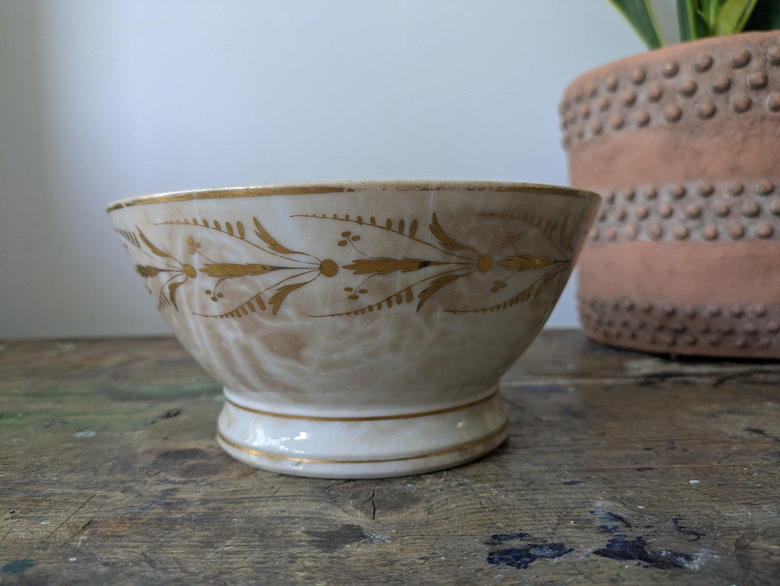 19th C. French Porcelain Round Serving Bowl Gilt Design c. 1800-50 Early Antique