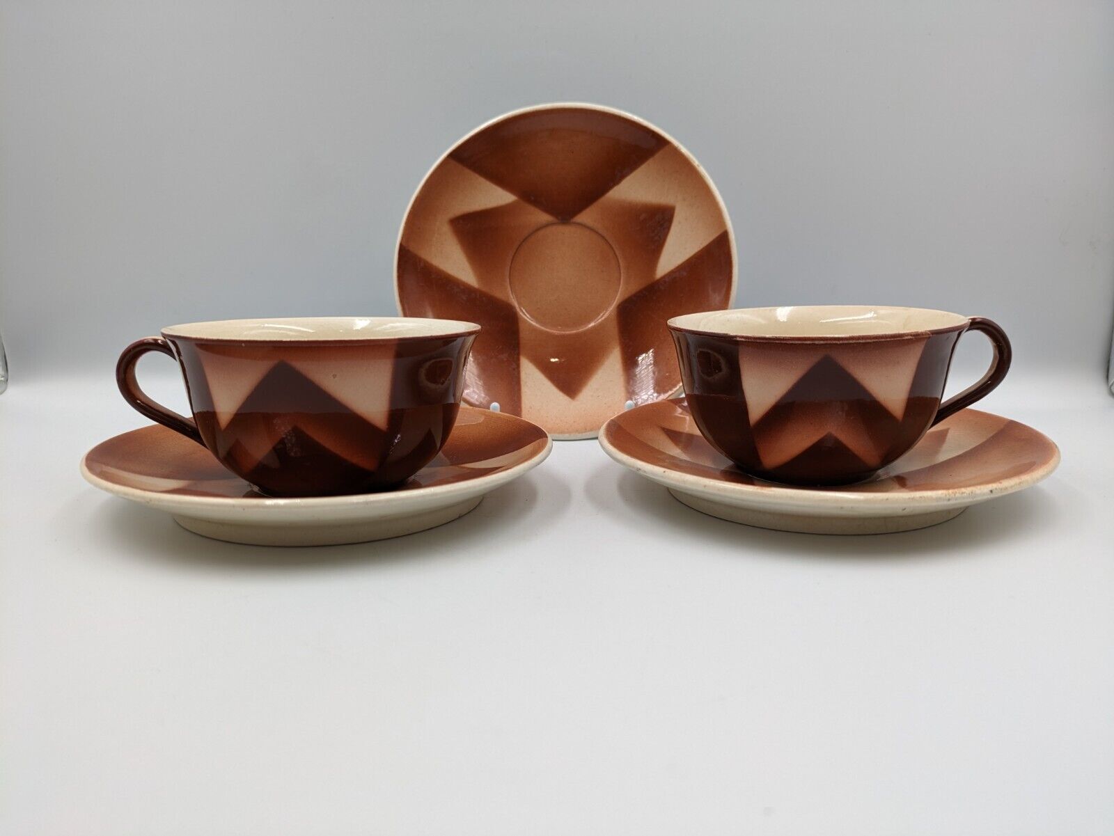 2x 1920s West German Waku Feuerfest Keramik Coffee Cups Saucers Art Deco Antique