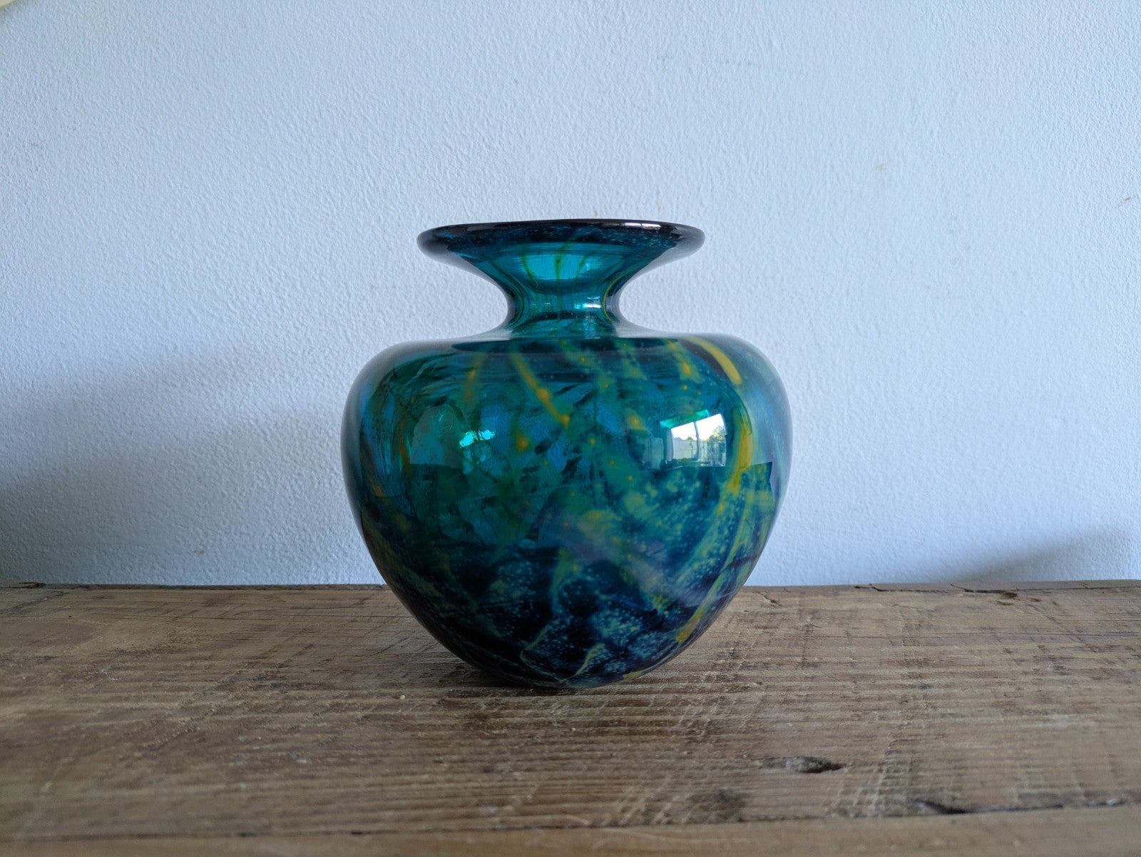 SIGNED Mdina 'Roman' Maltese Blue & Yellow Glass Squat VaseChevron 1970s VTG 