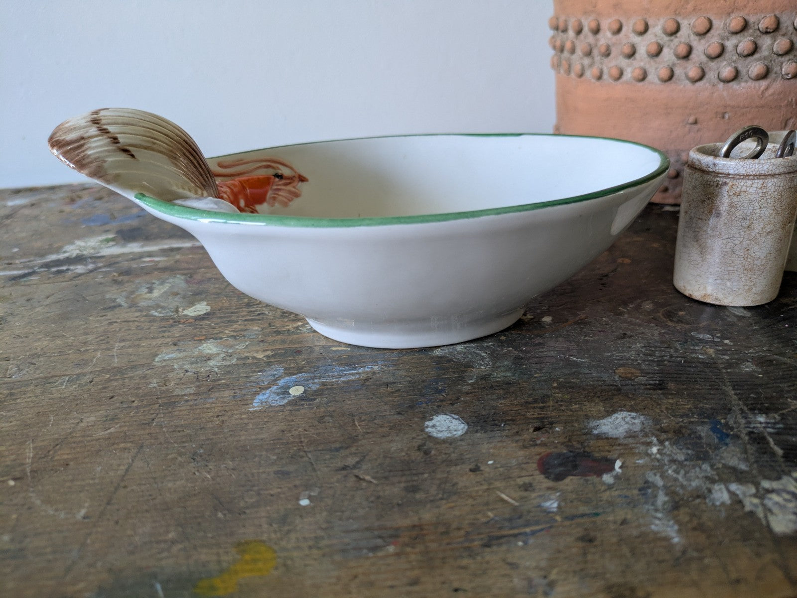 Handmade Italian Lobster Shell Scallop Majolica Oval Porcelain Serving Dish Bowl