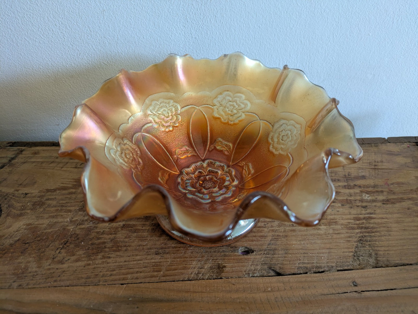Carnival Glass Bowl Dugan Double Stem Rose Marigold/Peach Opal Iridescent C1917