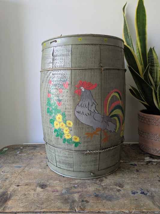 Vintage Hand Painted Wooden Firkin Barrel Bucket Primitive Rooster Farm Large