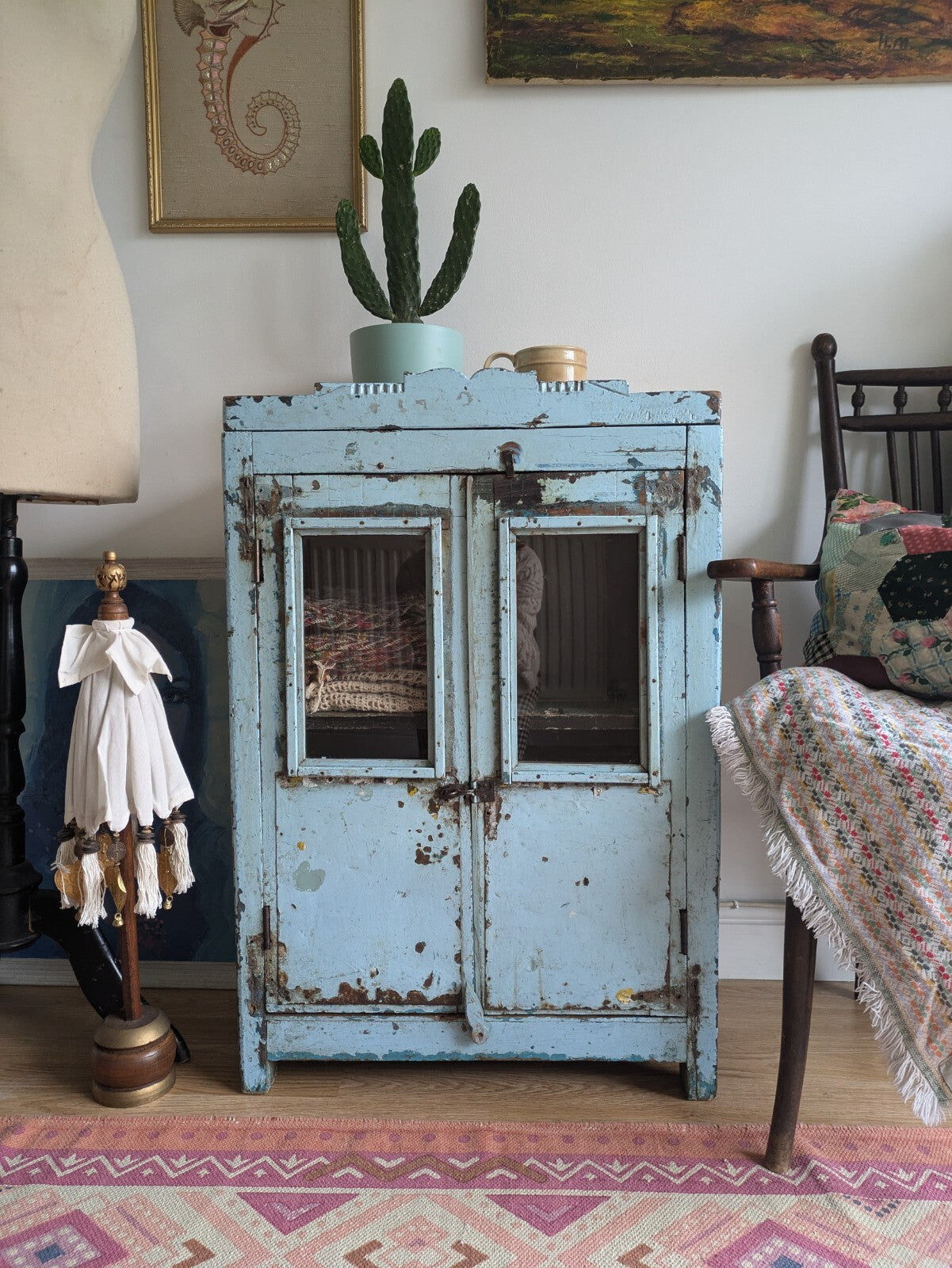 Small Antique Vintage Indian Cabinet Cupboard Painted Rare Glazed Blue Reclaimed