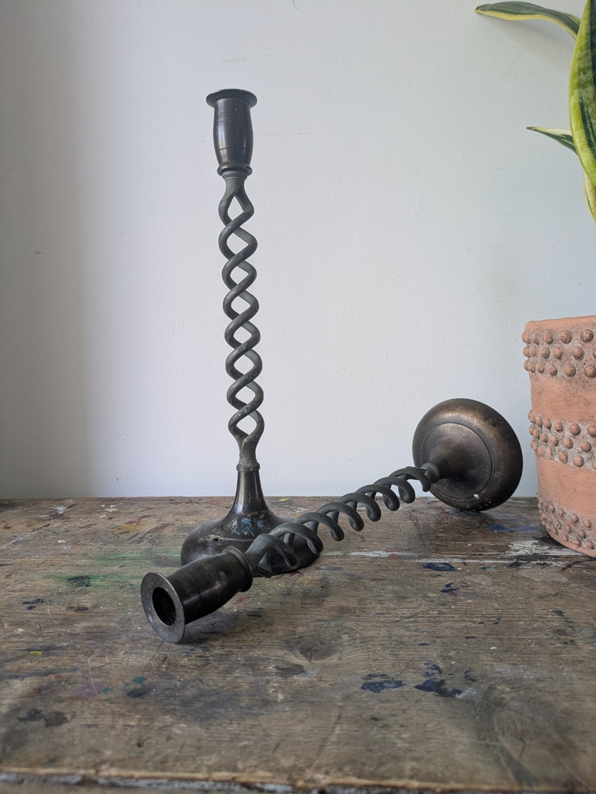 LARGE HEAVY TALL Pair Antique Brass Barley Twist/Spiral Candlesticks 34.8cm Tall
