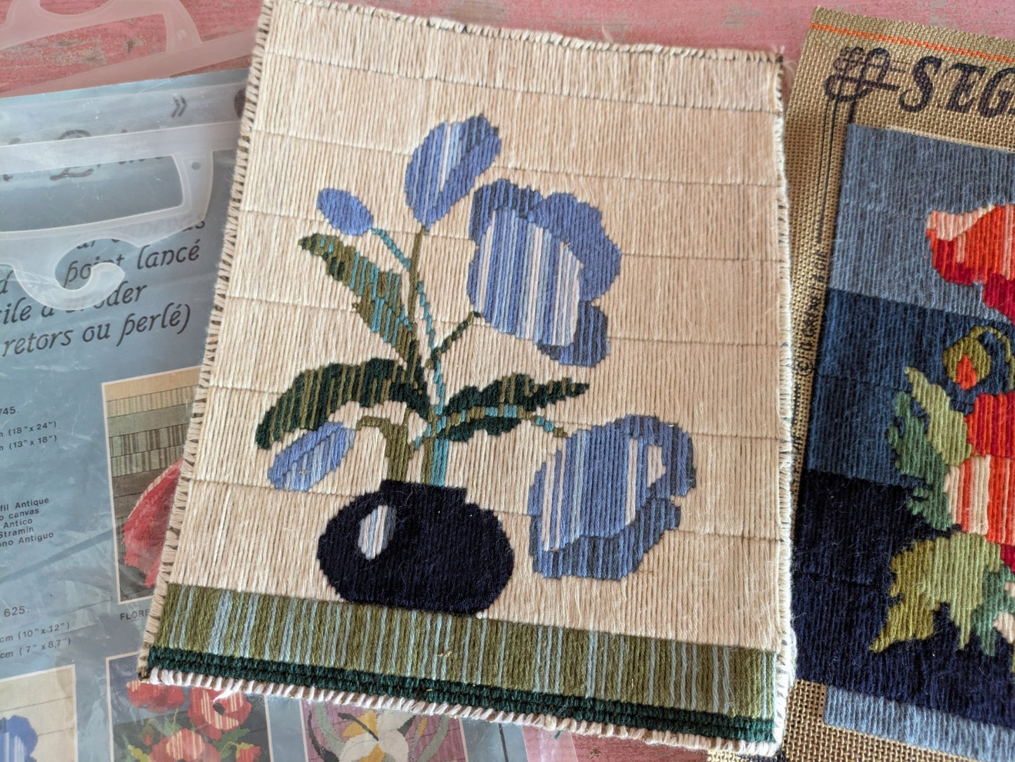 French Pair Of Floral Flowers Needlework Tapestry Kit Complete Panel Stitched