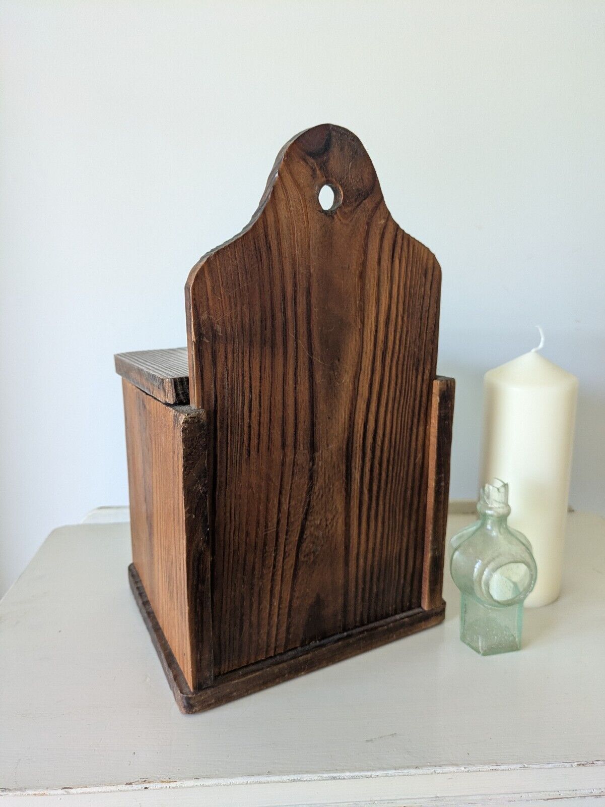 Antique Vintage Pine Candle Salt Box wall sconce keys Gothic original old shelf.