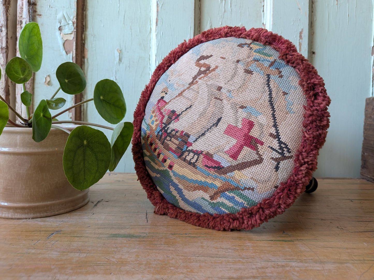 Victorian Tripod Needlepoint Foot Stool Ship Sailing Seat Tapestry Antique Vtg