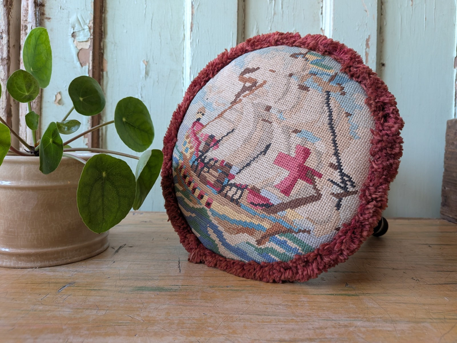 Victorian Tripod Needlepoint Foot Stool Ship Sailing Seat Tapestry Antique Vtg