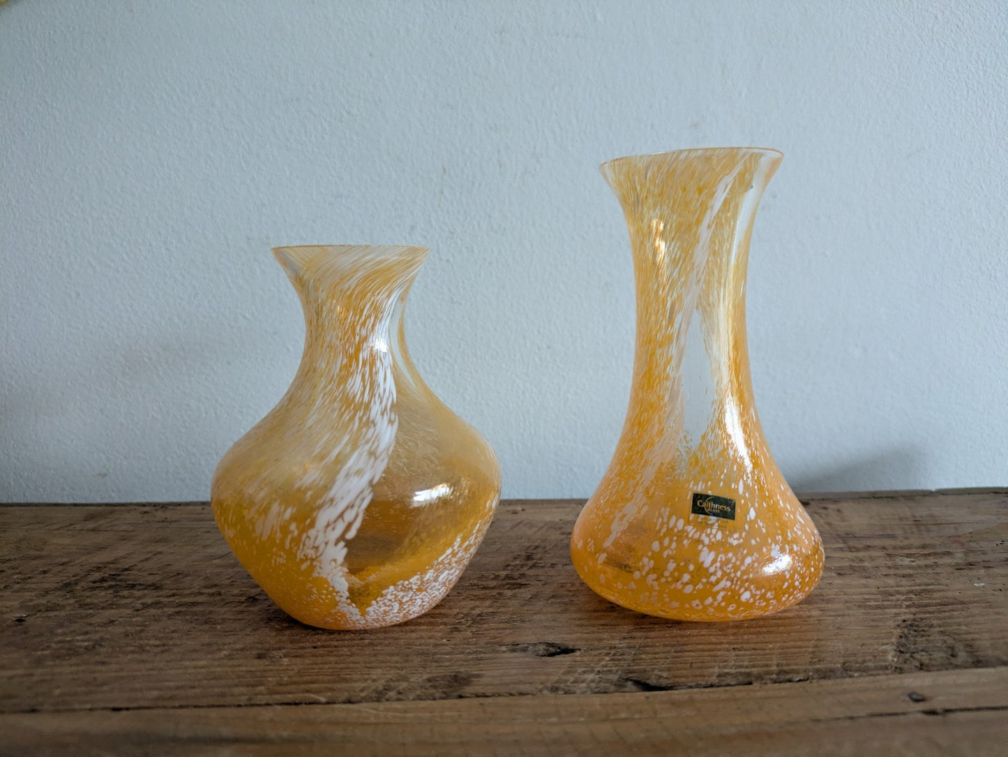 2x Handcrafted Yellow Orange Swirl Glass Vase Caithness Scotland Confetti Swirl