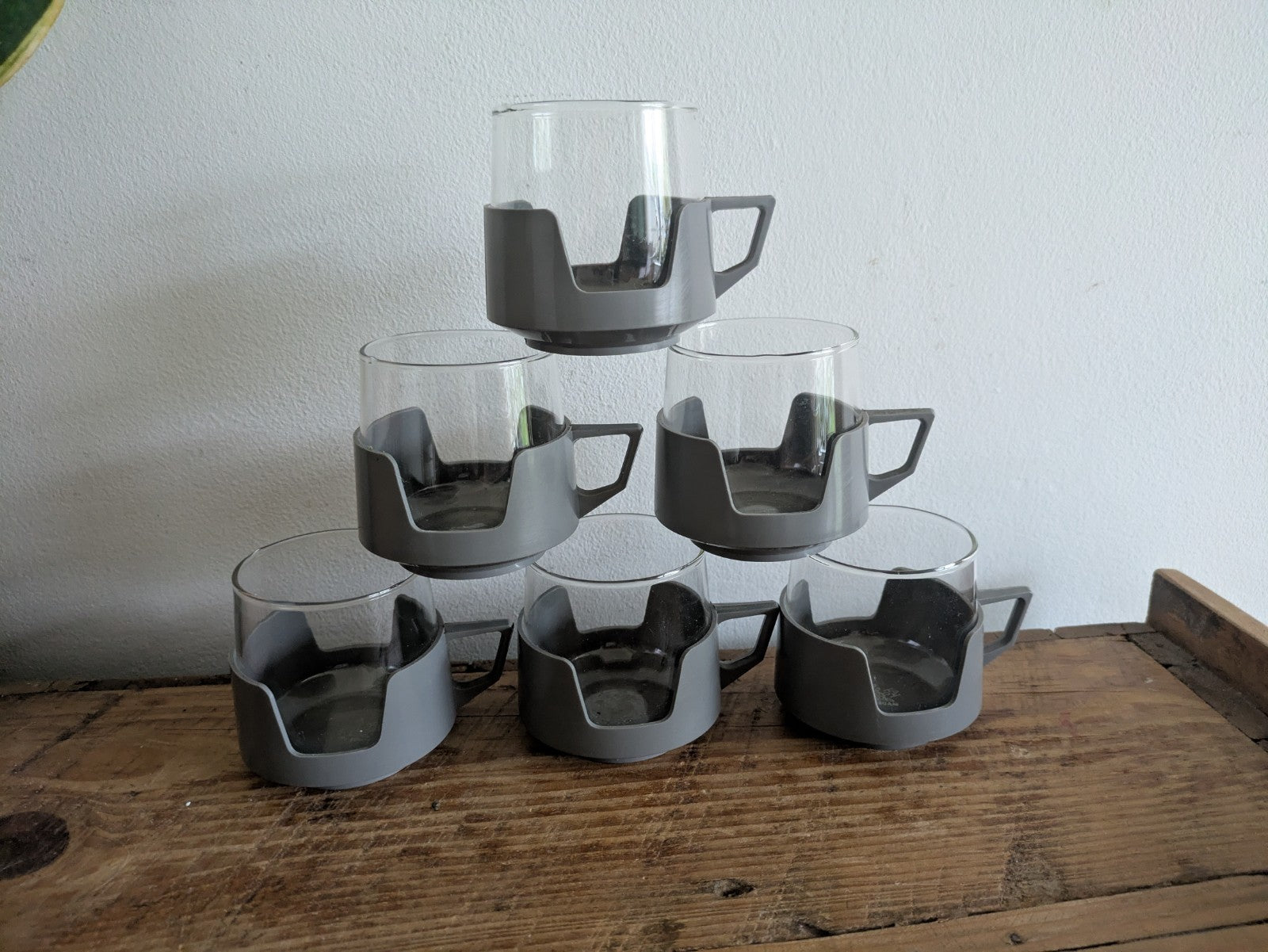 6 Grey Drink Mugs Cups Vintage JAJ Pyrex Camping Caravan Camper Picnic Set Retro