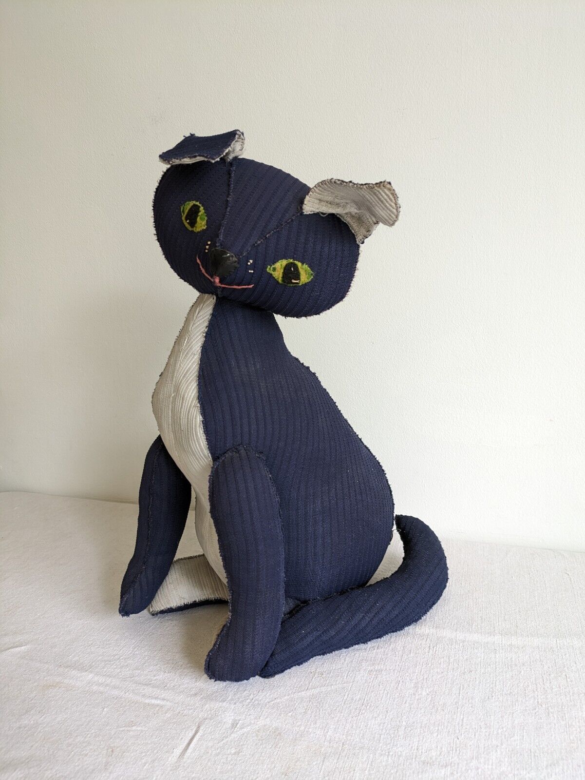 Vintage Cat Door Stopper Handmade White Blue Retro Kitsch Film TV Prop Rare Old