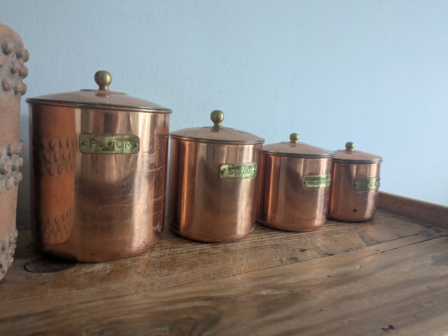 Vtg Copper 4 Nesting Kitchen Canisters MCM Farmhouse Flour Tea Coffee Sugar Prop