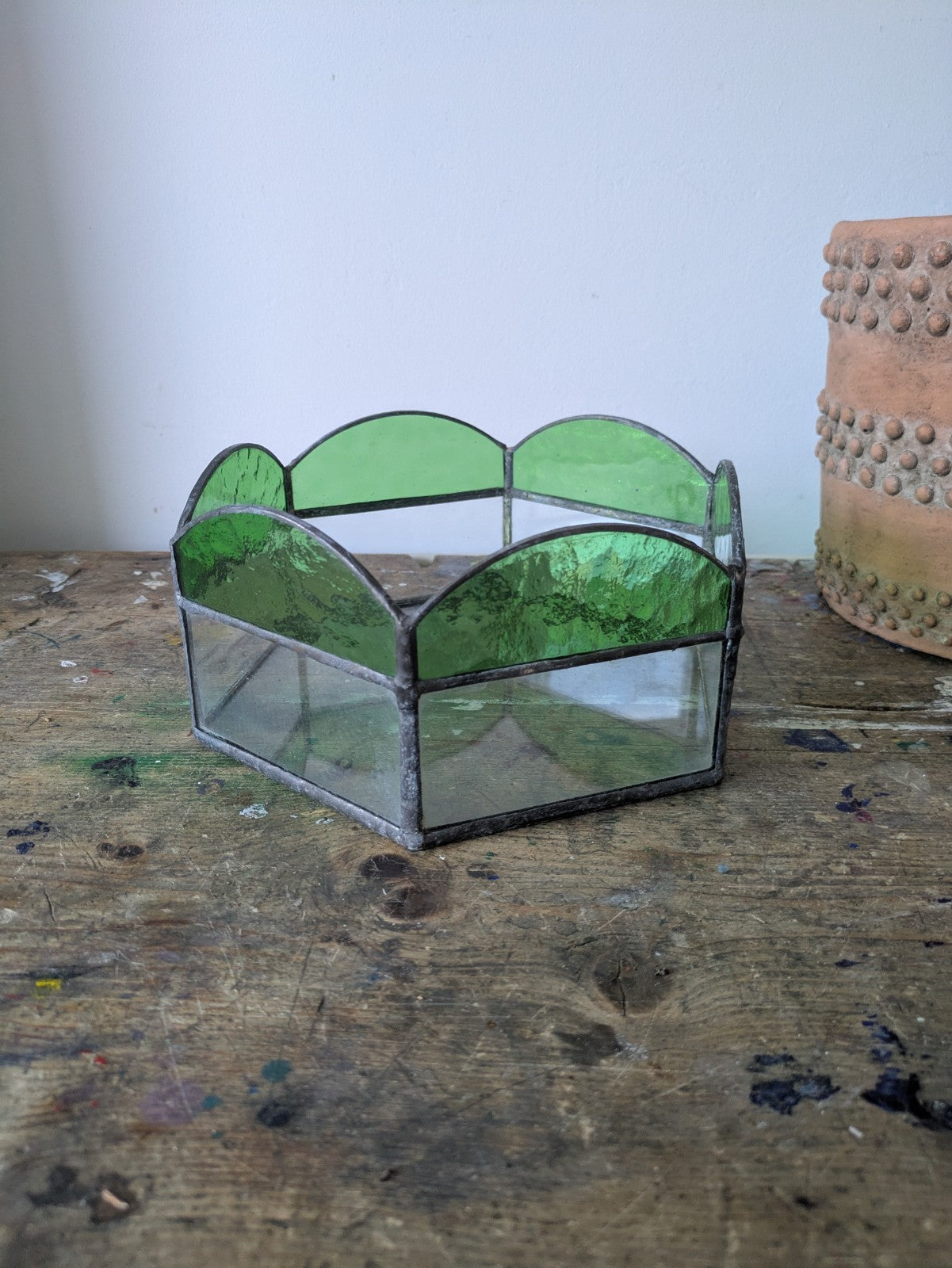 VTG Stained Glass Green Hexagonal Bowl Dish Fruit Serving Table Centre Leaded Vg