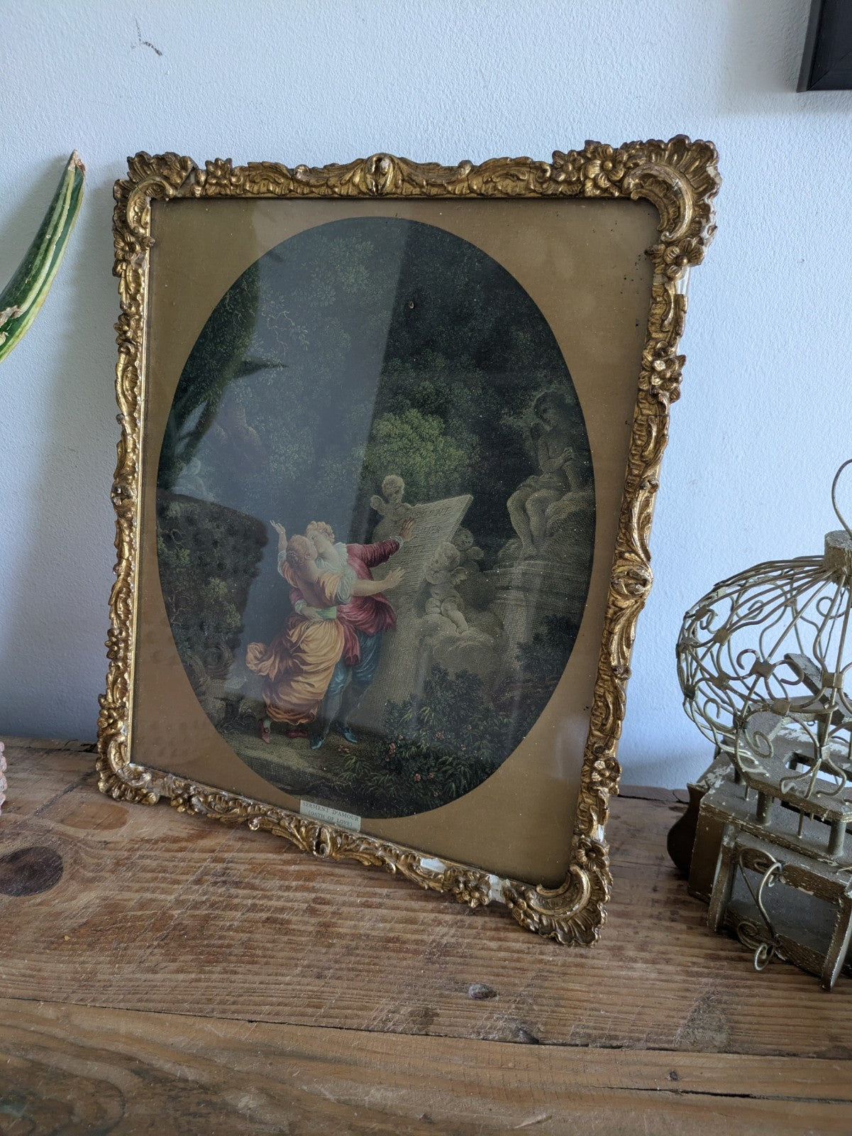 Antique 19th Cent Colored Engraving Le Serment d'Amour  The Lover's Oath Framed 