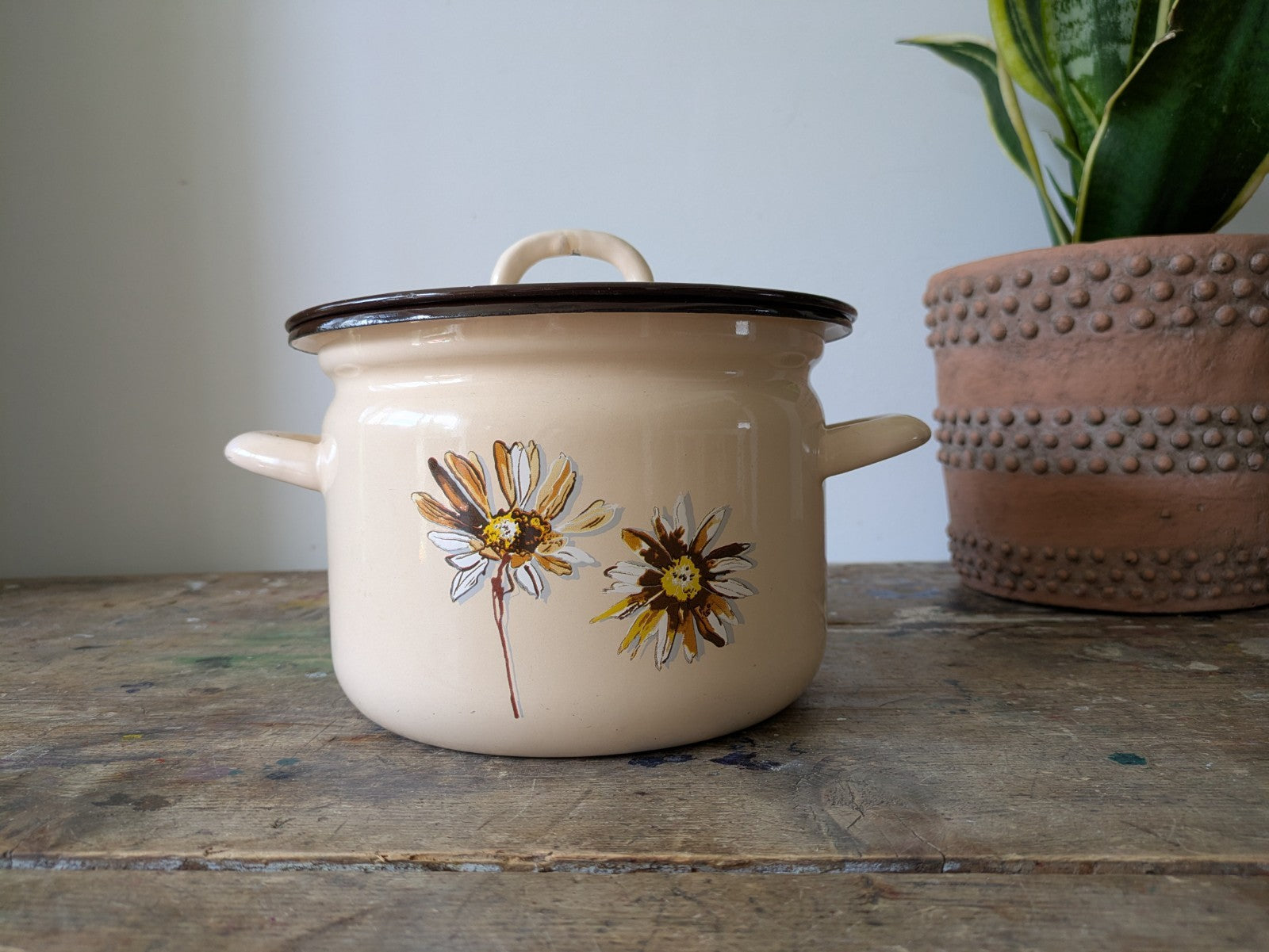 Floral Emalia Olkusz Polish Enamel Cooking Pot Daisy Vintage Retro 1907 Brown