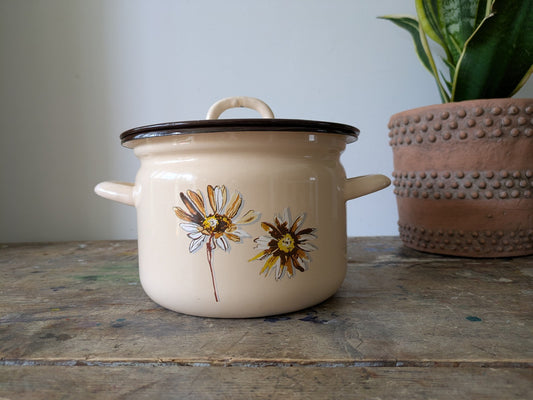 Floral Emalia Olkusz Polish Enamel Cooking Pot Daisy Vintage Retro 1907 Brown