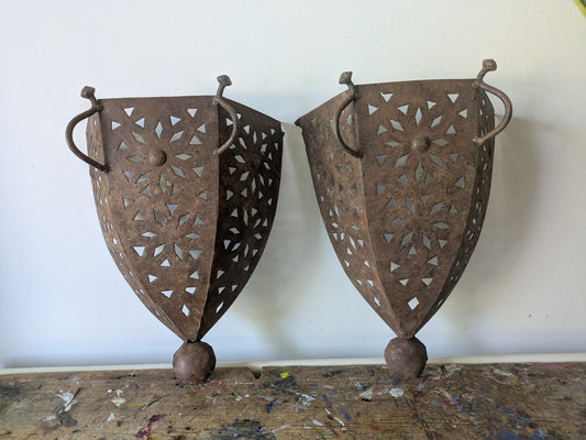 Pair Handmade Pierced Open Iron Moroccan Wall Sconces Lights Candles Lamp Decor