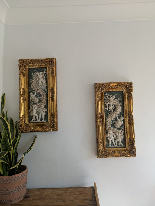 Pair Of Antique R Wilson Cast Marble Relief Plaque Putti Cherubs On Alabaster 