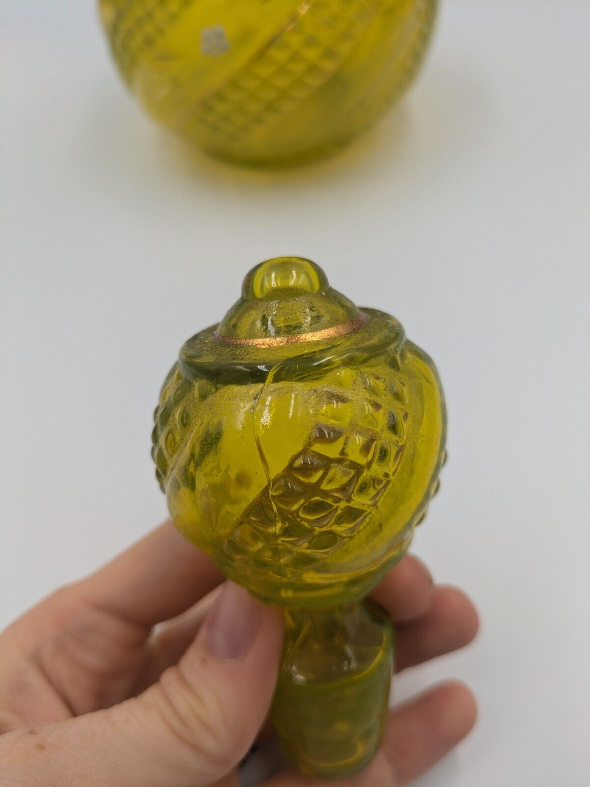 Vintage Yellow Vaseline 1920s 30s Glass Decanter Hand Painted Gold Rare Stopper