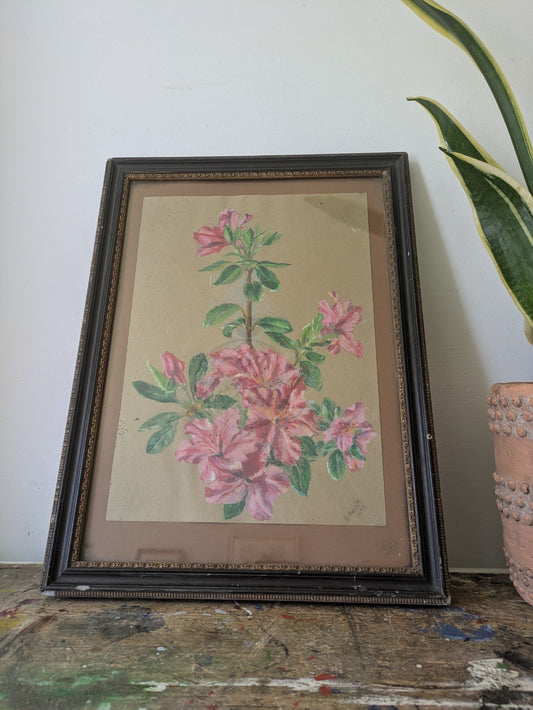 Original Antique Framed Oil Pastel Painting Floral Bouquet Flower Still Life 70s