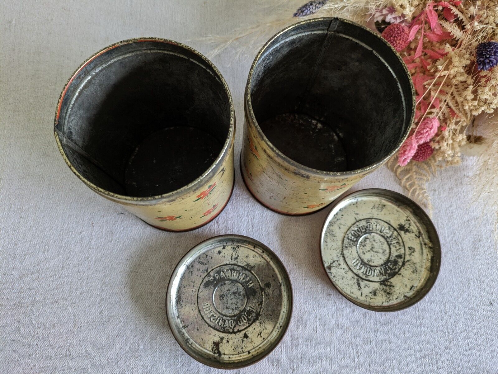 2x Vintage 1930s 20s Handiware Ditsy Storage Tin / Canister Rare Prop Kitchen