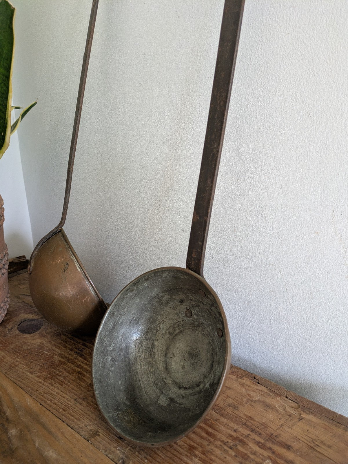 2x Antique Copper Iron Ladle Hand Forged Victorian Scoop Wall Hanging Spoons Vtg