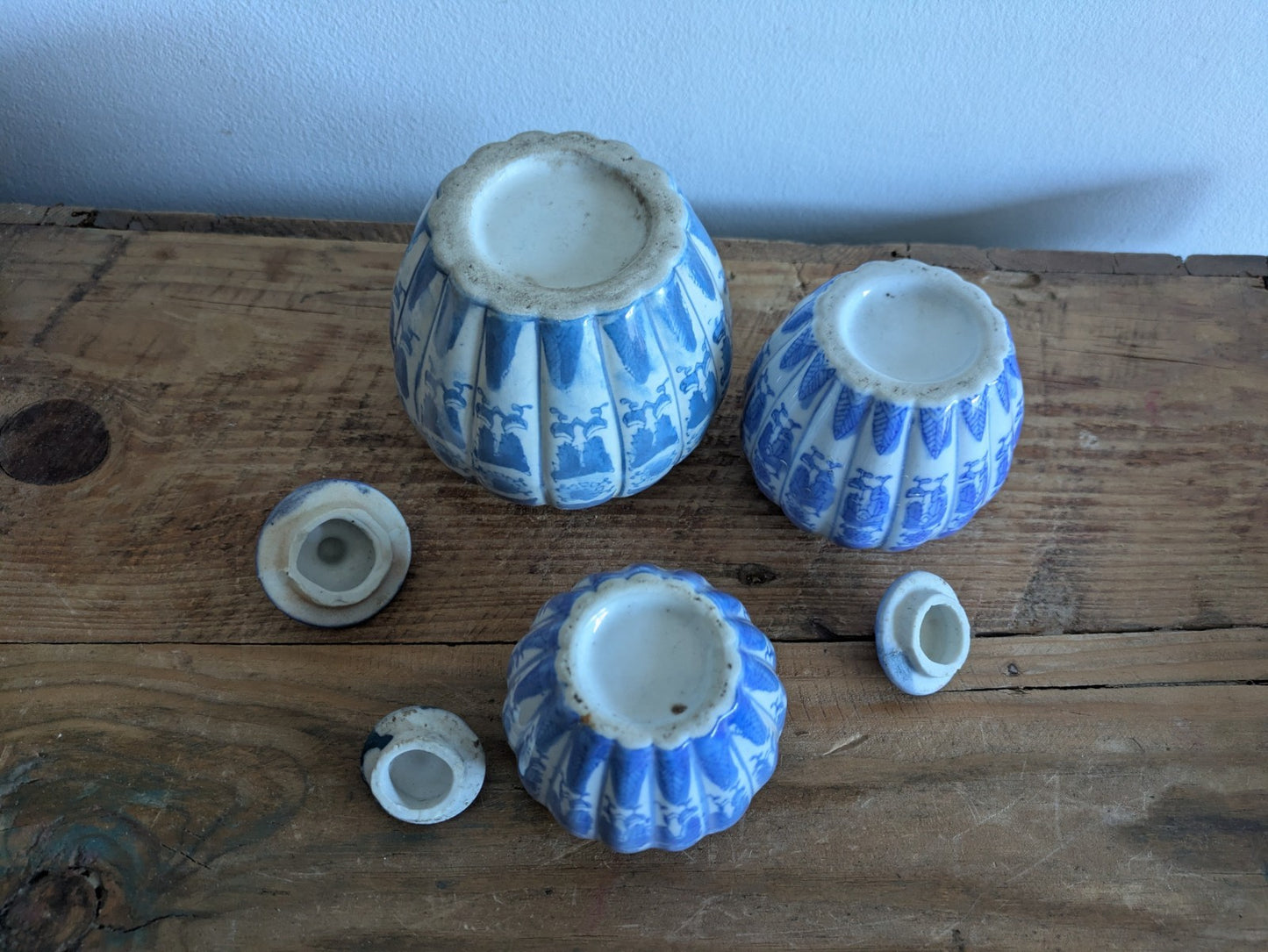 Set of 3 Chinoiserie Blue and White Porcelain Pumpkin-Shaped Ginger Jars Trio 