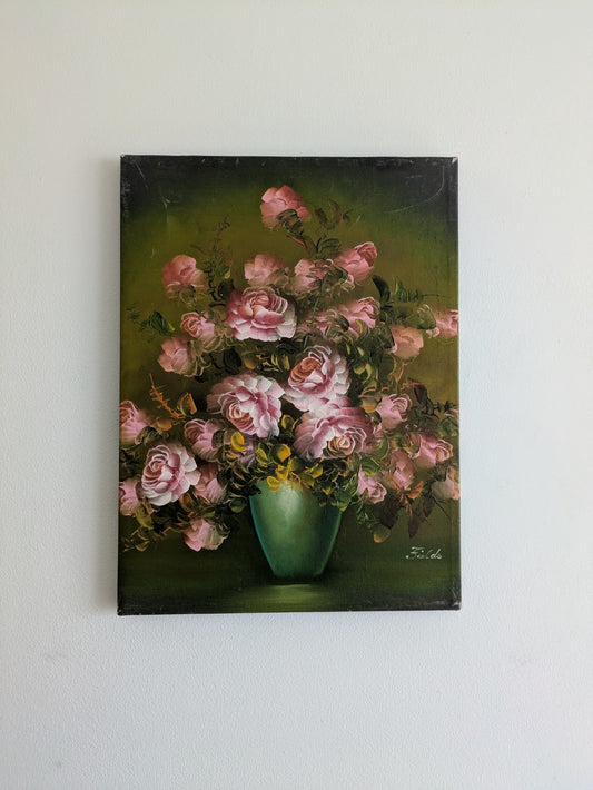 Signed Oil Painting Floral Bouquet Picture Vintage Still Life On Canvas Fields