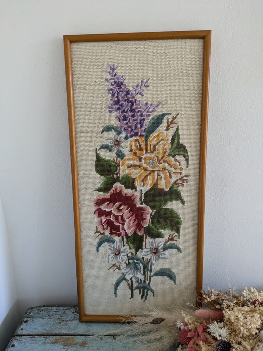 Framed Rose Tapestry Picture Floral Display Vintage Flowers Needlepoint Kitsch!!