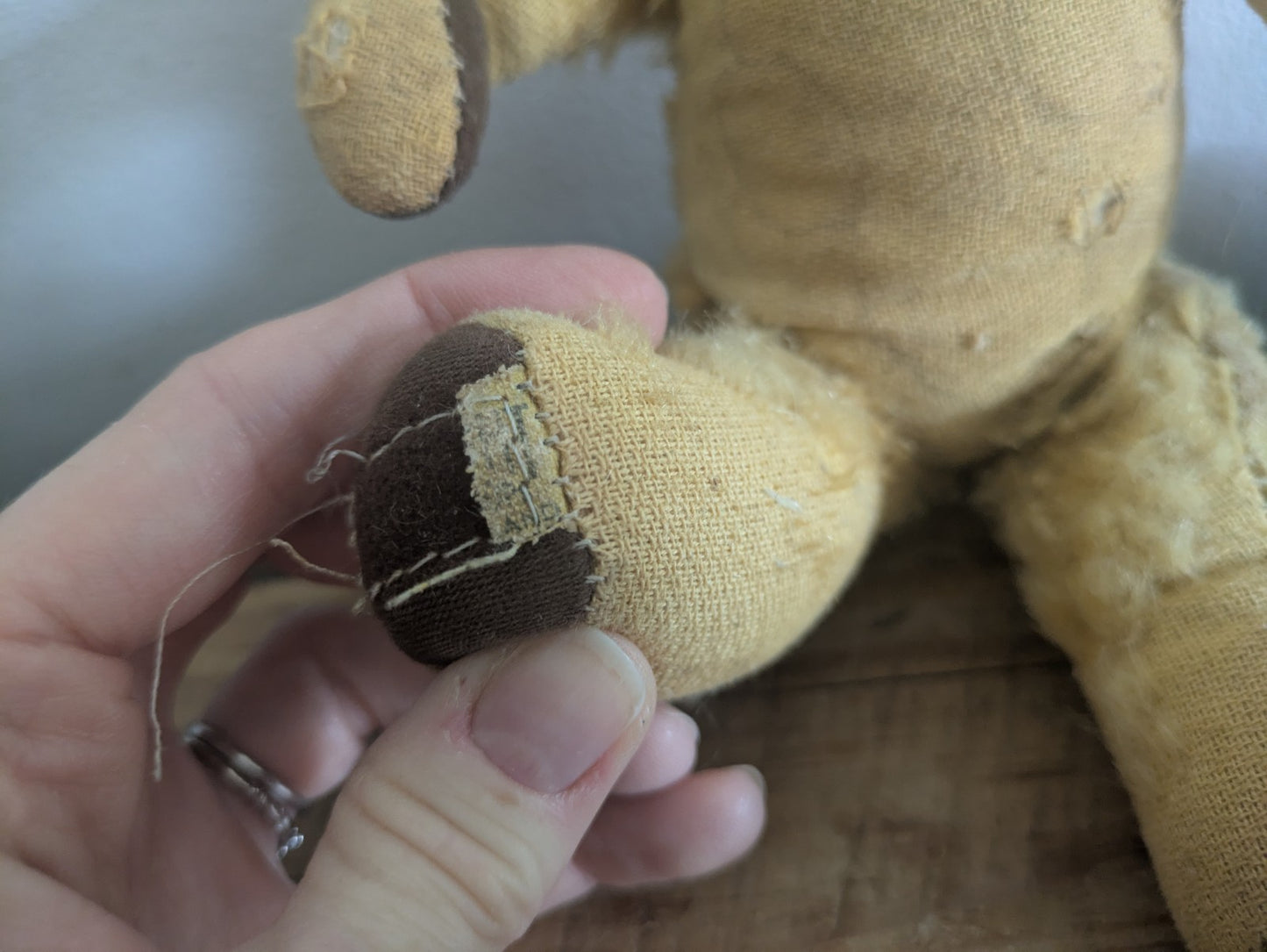 Antique Small Jointed Old Mohair Teddy Bear straw stuffed vintage RARE worn toy!