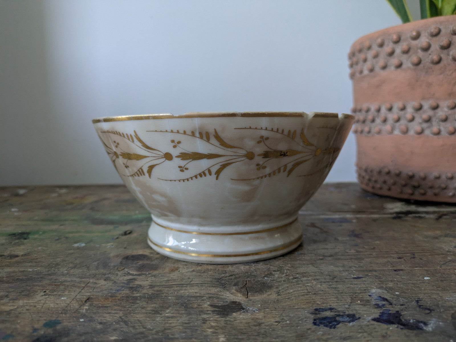 19th C. French Porcelain Round Serving Bowl Gilt Design c. 1800-50 Early Antique