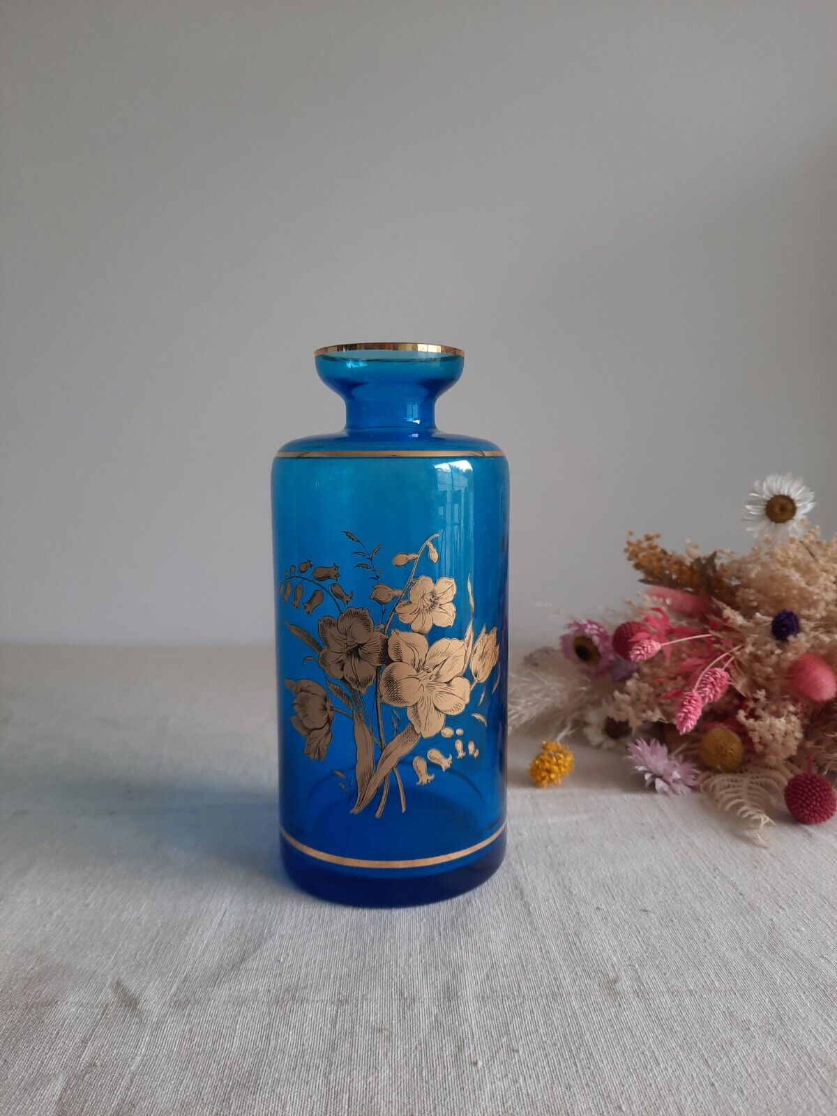 Retro Cobalt Blue Glass Decanter with Floral Gilt Decor Bottle Vase Prop Vtg Old