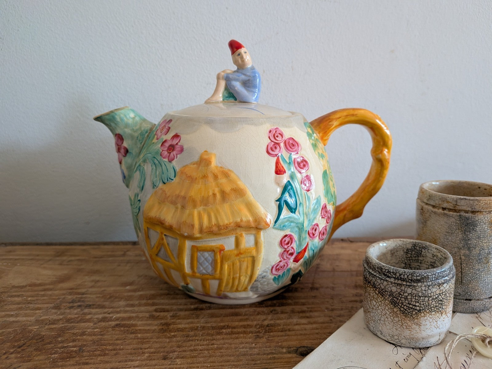 Vintage Art Deco Teapot Leprechaun Pixie Castle Fairytale Cottage Garden Floral