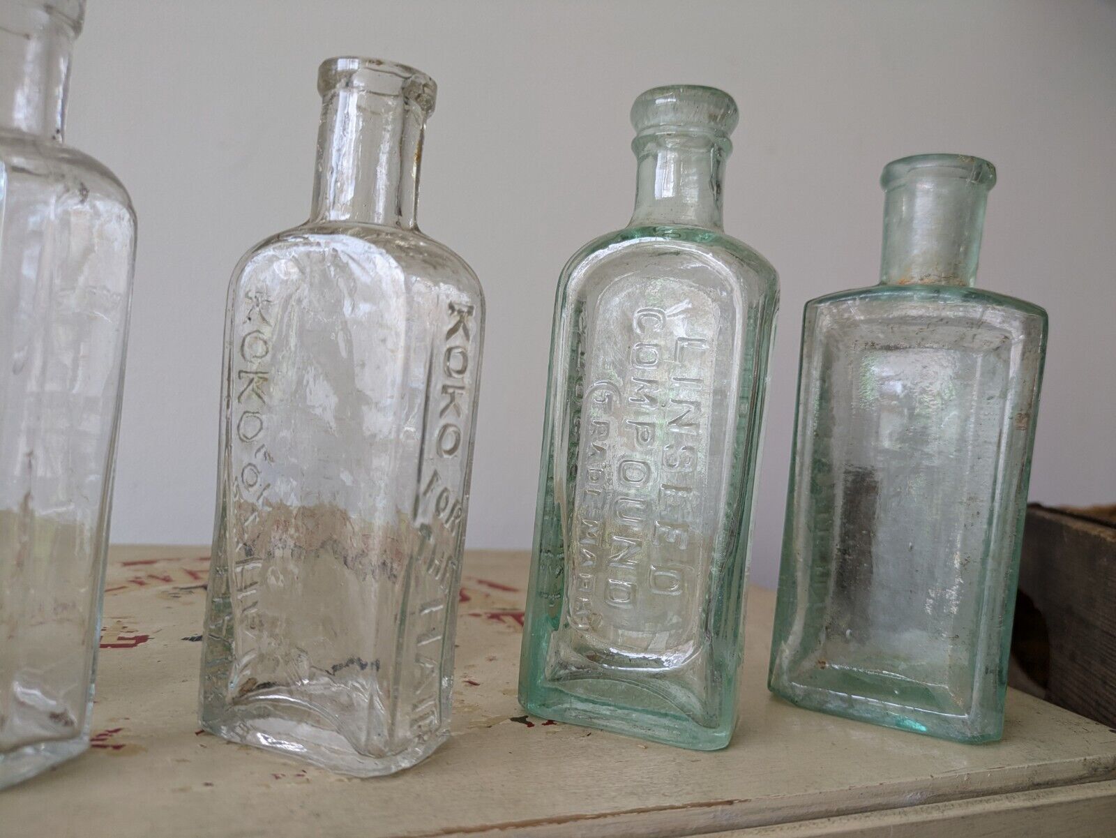 5x Antique Vintage Glass Bottles vase apothecary Cough Cure Koko Veno Hair Vgc