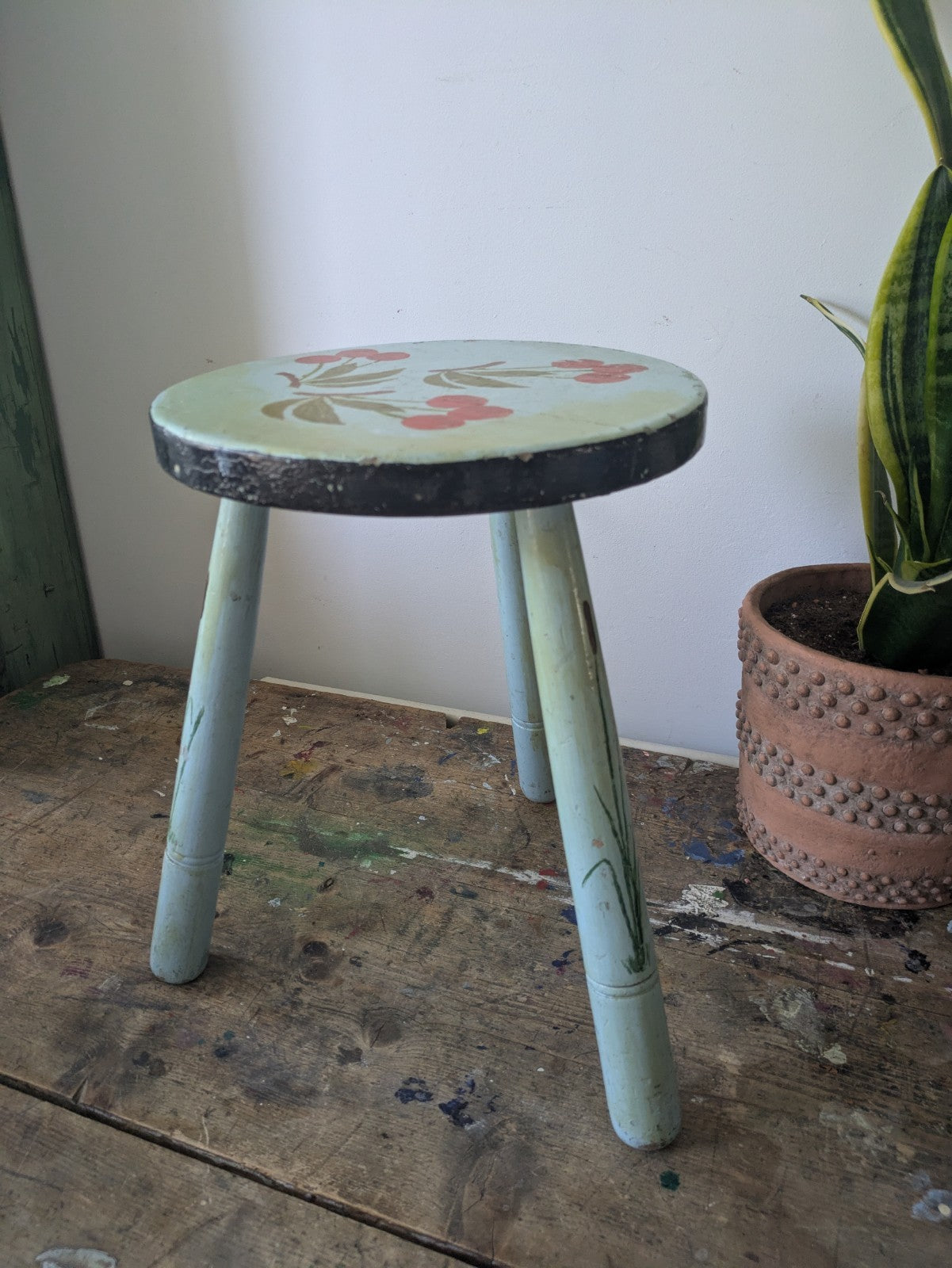 Vintage Stool Folk Art Hand Painted Cherries Blue Chippy Original Antique Tripod