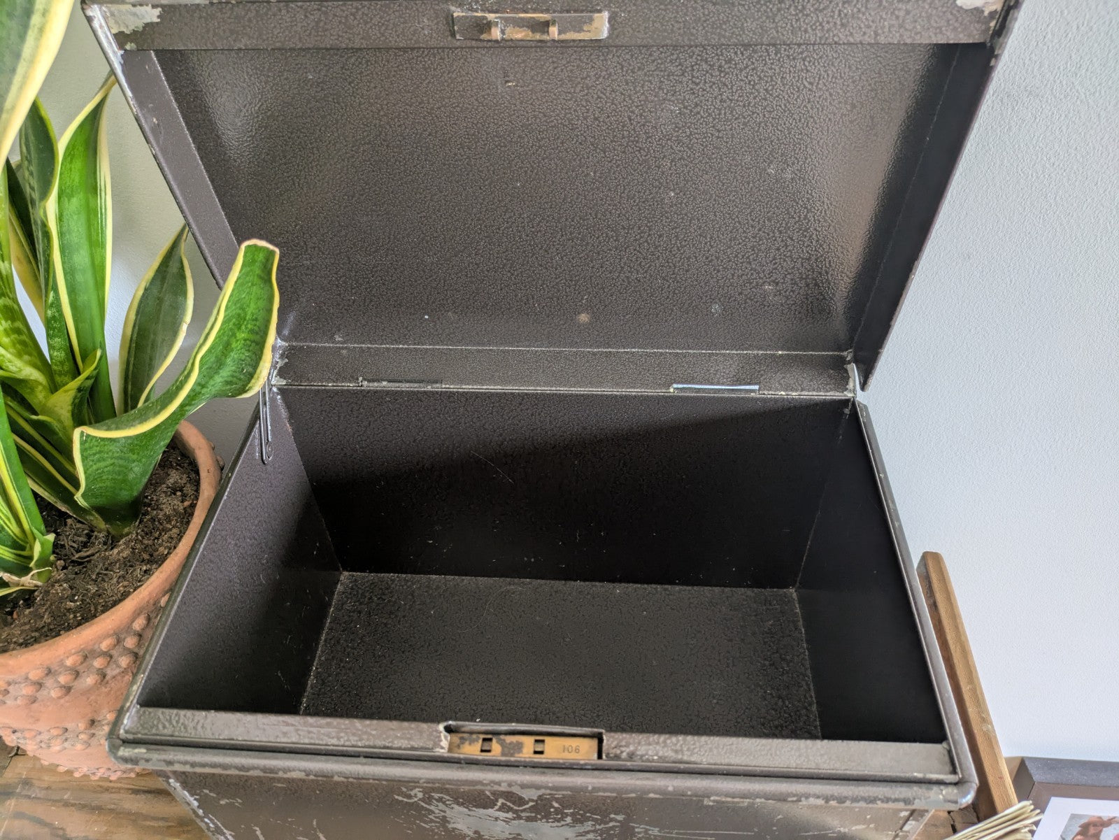 Vintage Metal Box Document Deed BOX  Grey Latch Hinged Lid Large Cash Tin File