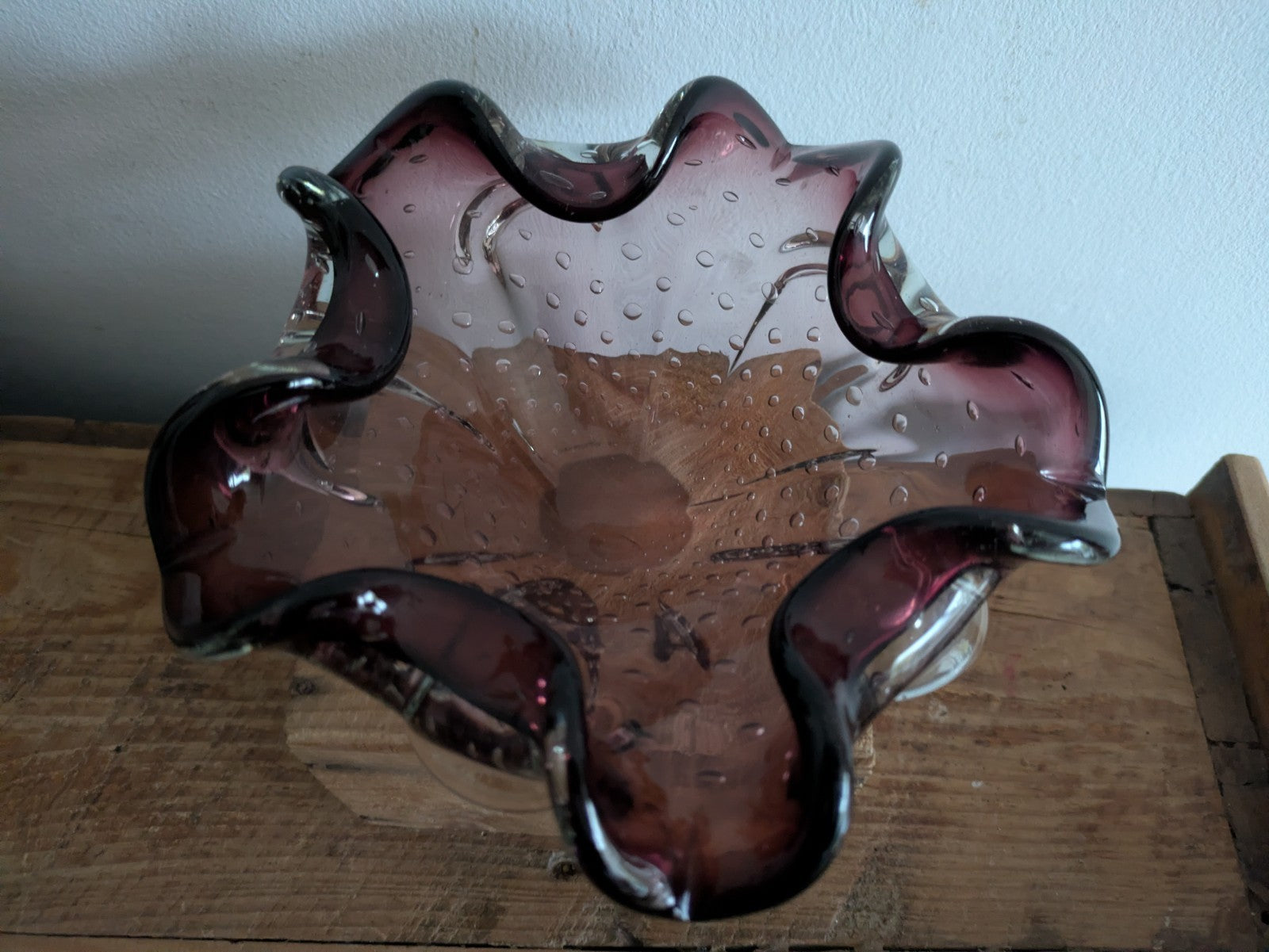 Vtg Murano Art Glass Amethyst Purple Bullicante Controlled Bubble Ashtray Bowl