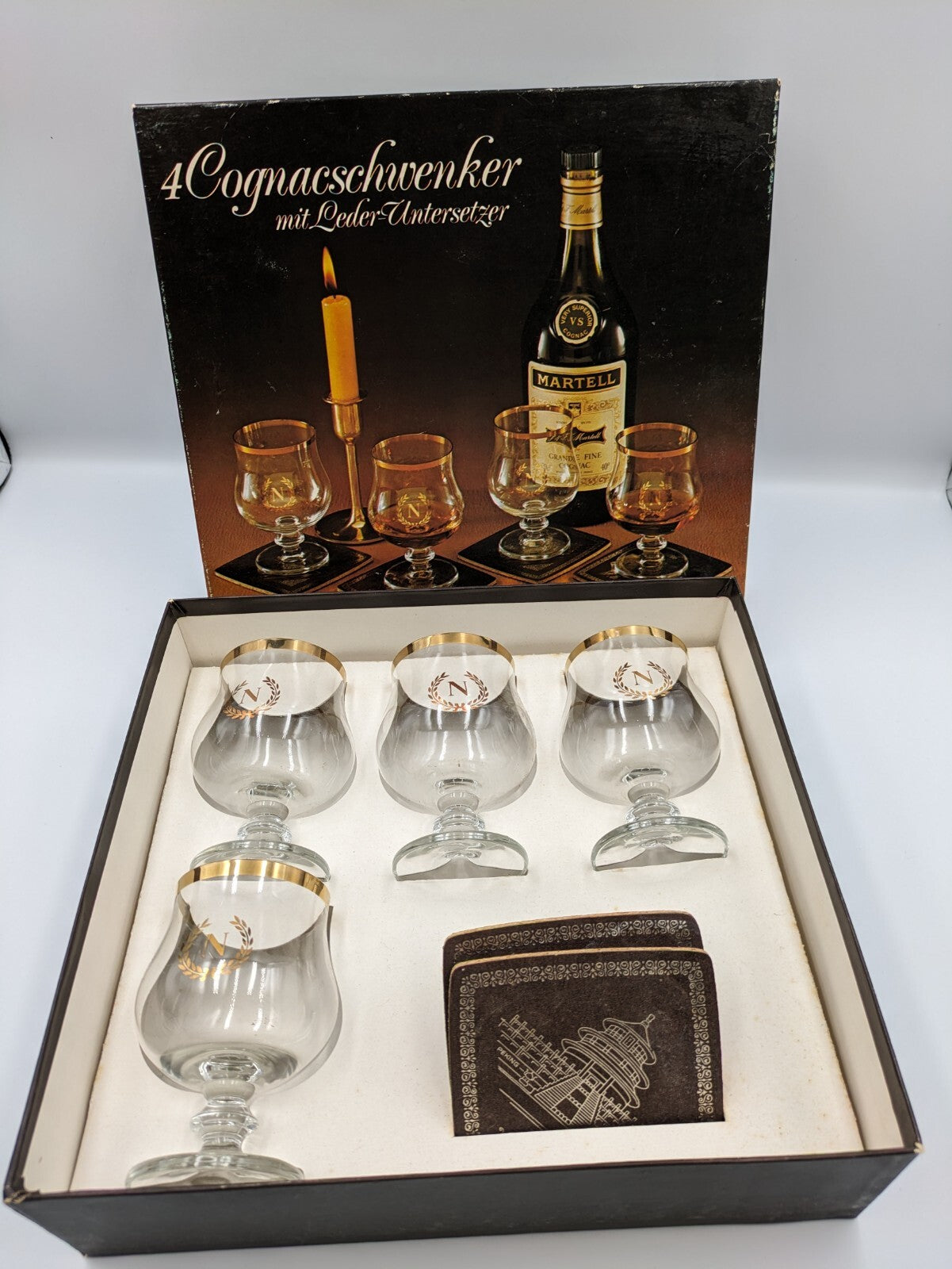 4 X NAPOLEON RETRO BRANDY COGNAC GLASSES GOLD CROWN BALLOON STYLE SNIFTERS Boxed
