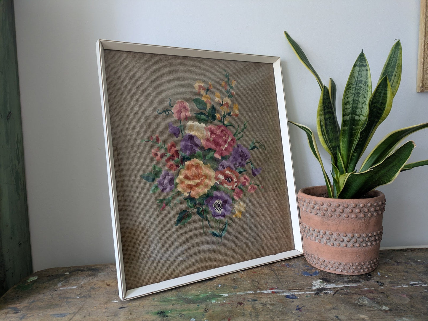Vintage Handmade Completed Needle Point Tapestry Framed Floral Rose Bouquet Old