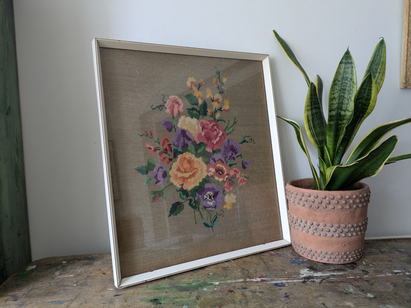 Vintage Handmade Completed Needle Point Tapestry Framed Floral Rose Bouquet Old