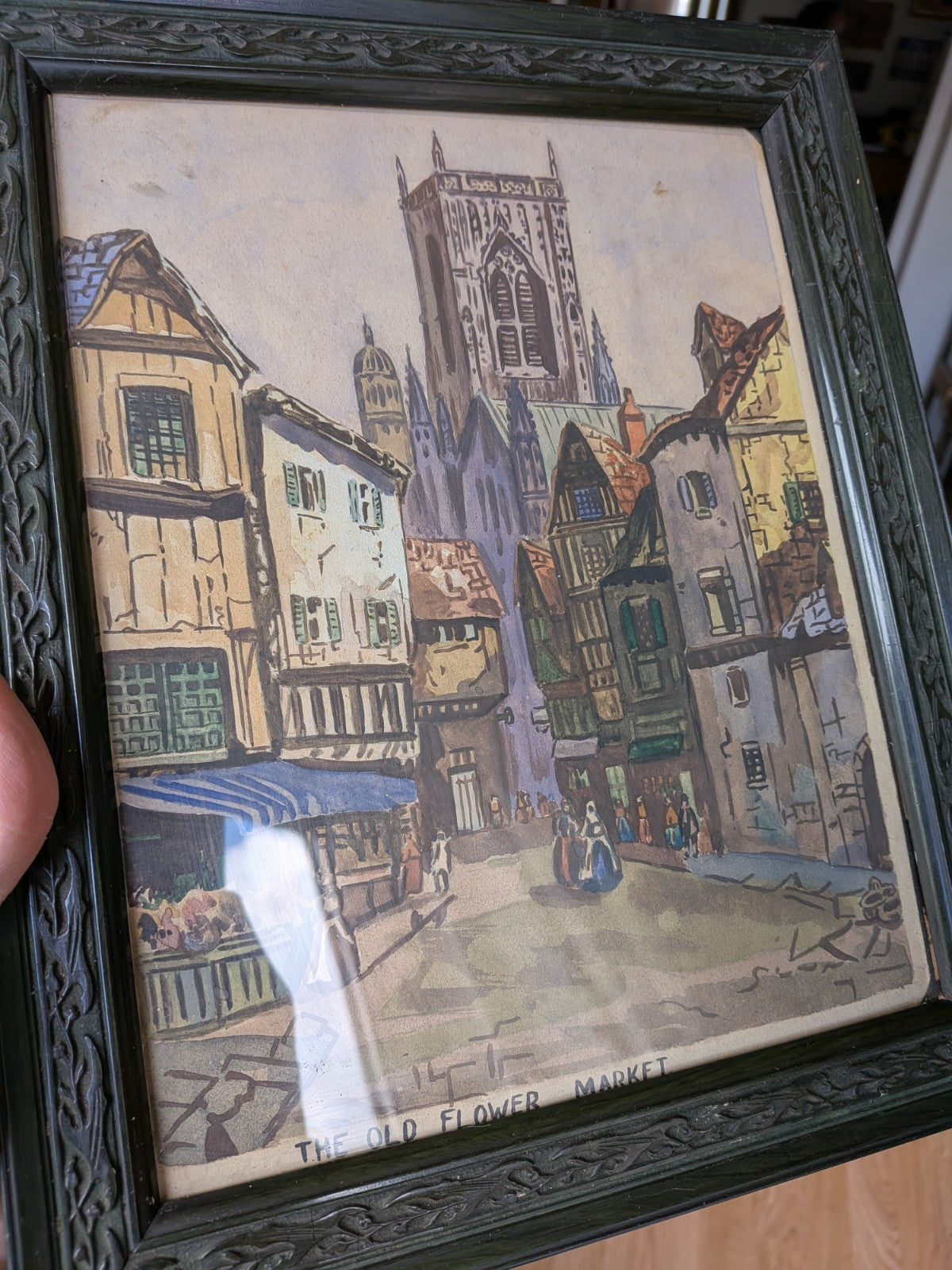 Antique Artist Signed Watercolour Old Flower Market Ornate Frame Green Original 