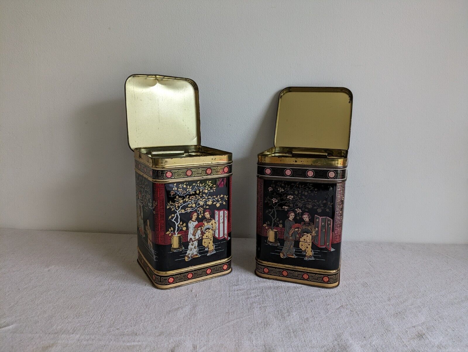 2x Original Vintage Japanese Black TEA Two Pound Tin Metal Made In England Large